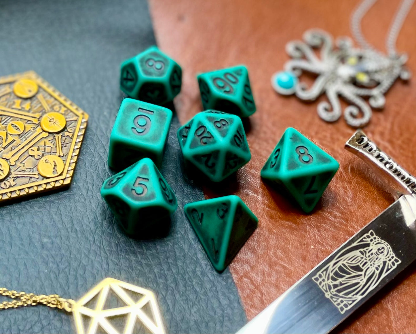 Ancient Green stone effect resin polyhedral dice set. Yet another reason to add to your growing dice collection with these fantastic resin dice. They are standard 16mm polyhedral dice sets perfect for Tabletop games and RPG's such as pathfinder or dungeons and dragons. This set includes one of each D20, D12, D10, D%, D8, D6, D4.