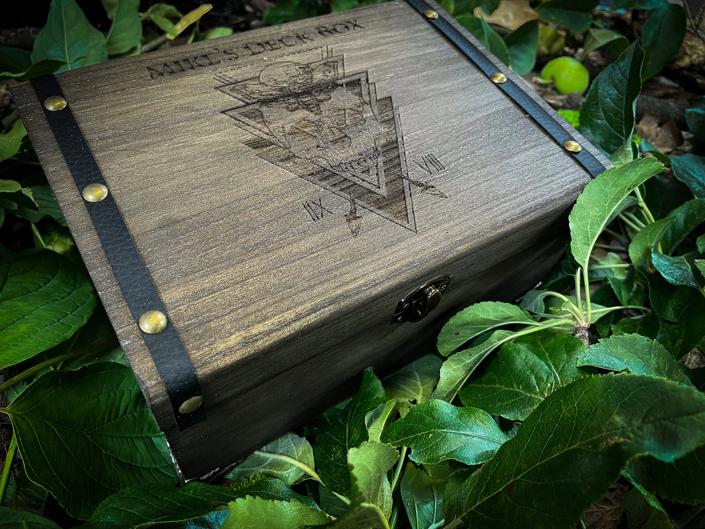 Wooden Personalised Deck Box For All Kinds Of Trading Cards Each box is split into two trays which can hold over 900 2.5x3.5" trading cards or 700 sleeved cards. Perfect for Magic The Gathering, Pokemon, Dungeons and Dragons, Keyforge or any other trading card name.