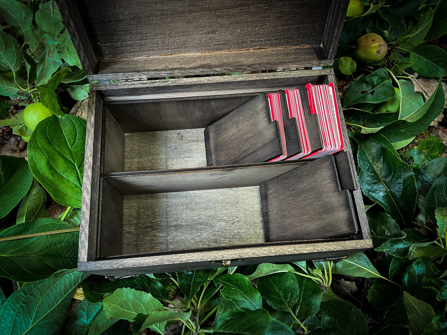 Wooden Personalised Deck Box For All Kinds Of Trading Cards Each box is split into two trays which can hold over 900 2.5x3.5" trading cards or 700 sleeved cards. Perfect for Magic The Gathering, Pokemon, Dungeons and Dragons, Keyforge or any other trading card name.