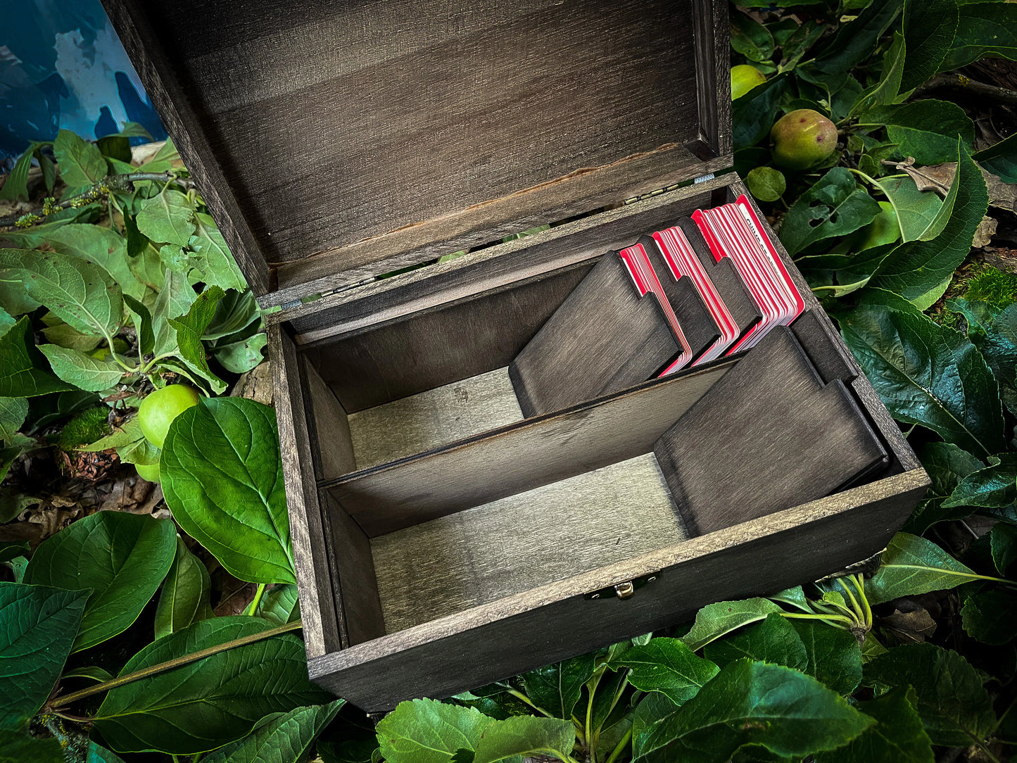 Wooden Personalised Deck Box For All Kinds Of Trading Cards Each box is split into two trays which can hold over 900 2.5x3.5" trading cards or 700 sleeved cards. Perfect for Magic The Gathering, Pokemon, Dungeons and Dragons, Keyforge or any other trading card name.