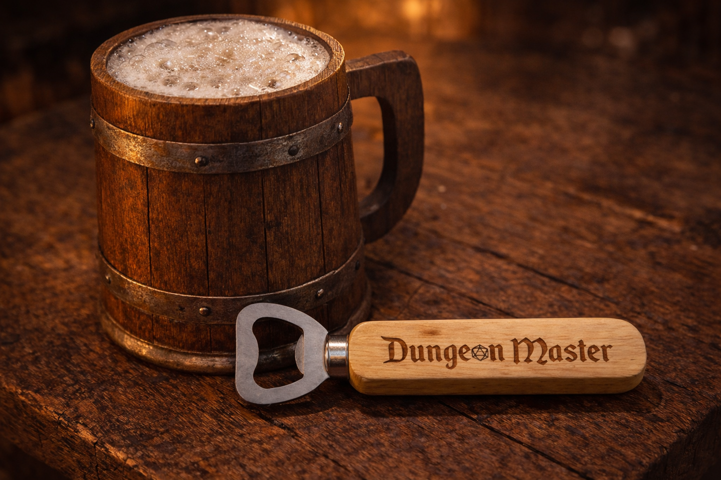 Dungeon Master engraved wooden handled bottle opener.
