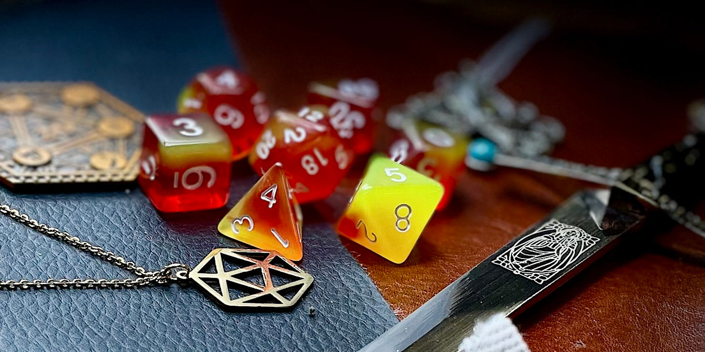 Elemental firestorm resin polyhedral dice set. Unleash the fury of the fire elemental spirits with these fantastic resin dice. Combining vivid red and yellow swirls; each dice has its own unique pattern.