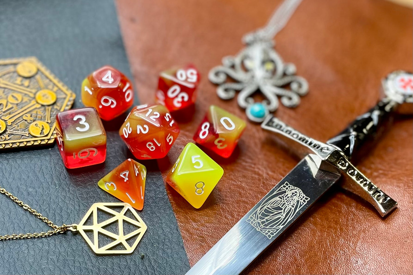 Elemental firestorm resin polyhedral dice set. Unleash the fury of the fire elemental spirits with these fantastic resin dice. Combining vivid red and yellow swirls; each dice has its own unique pattern.