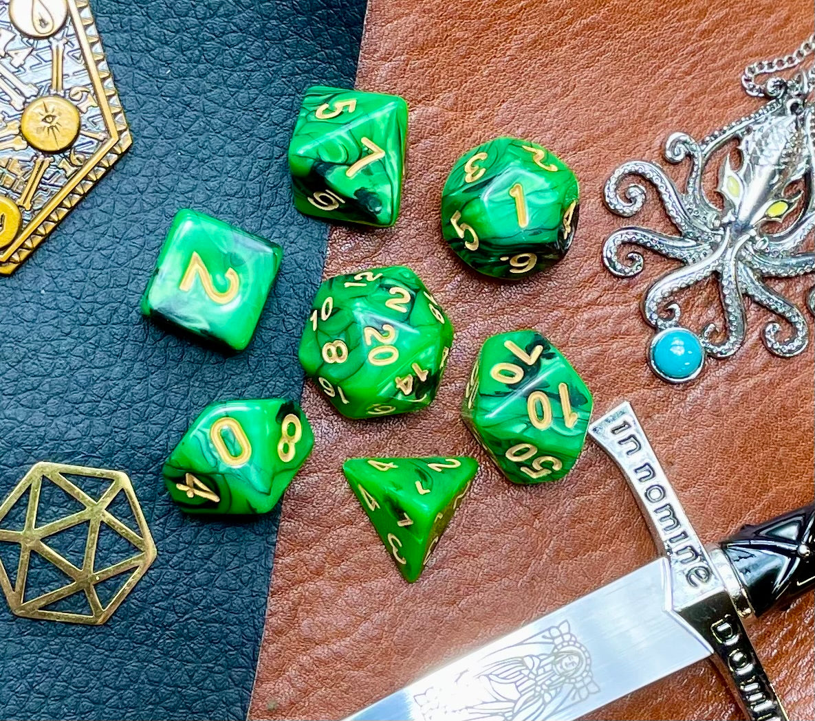 Elemental green and black resin polyhedral dice set. Unleash the fury of the earth elemental spirits with these fantastic resin dice. Combining green and black swirls; each dice has its own unique pattern.
