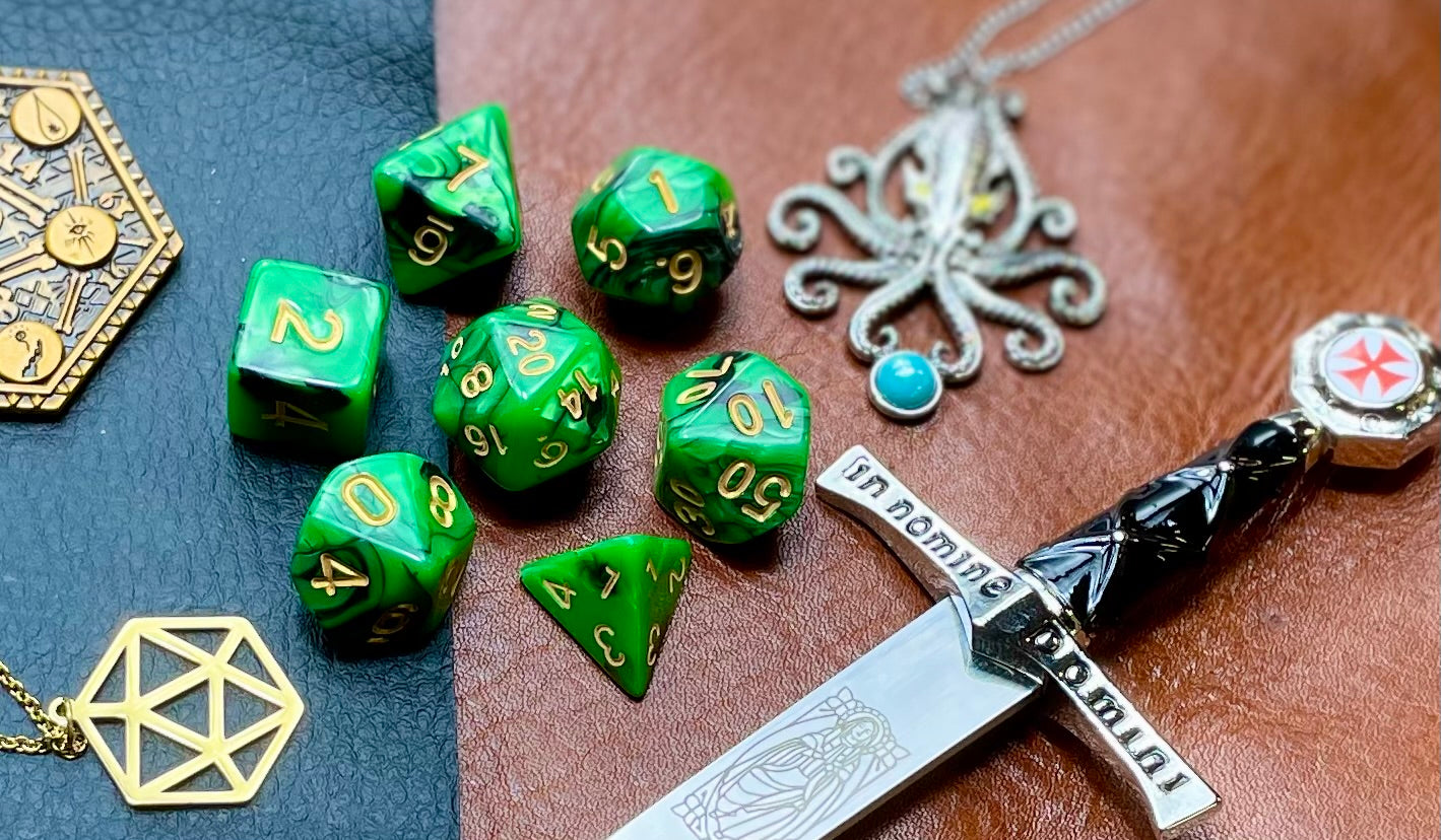 Elemental green and black resin polyhedral dice set. Unleash the fury of the earth elemental spirits with these fantastic resin dice. Combining green and black swirls; each dice has its own unique pattern.
