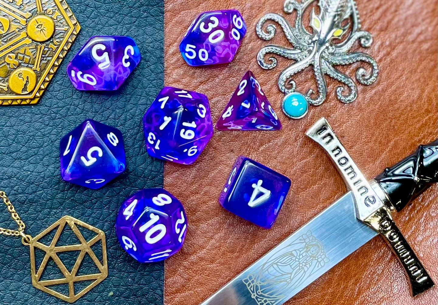 Elemental Indigo Sea resin polyhedral dice set. Delve to the bottom of the fabled Indigo Seas with these fantastic resin dice. Combining translucent green and blues; each dice has its own unique pattern. They are standard 16mm polyhedral dice sets perfect for Tabletop games and RPG's such as pathfinder or dungeons and dragons This set includes one of each D20, D12, D10, D%, D8, D6, D4.