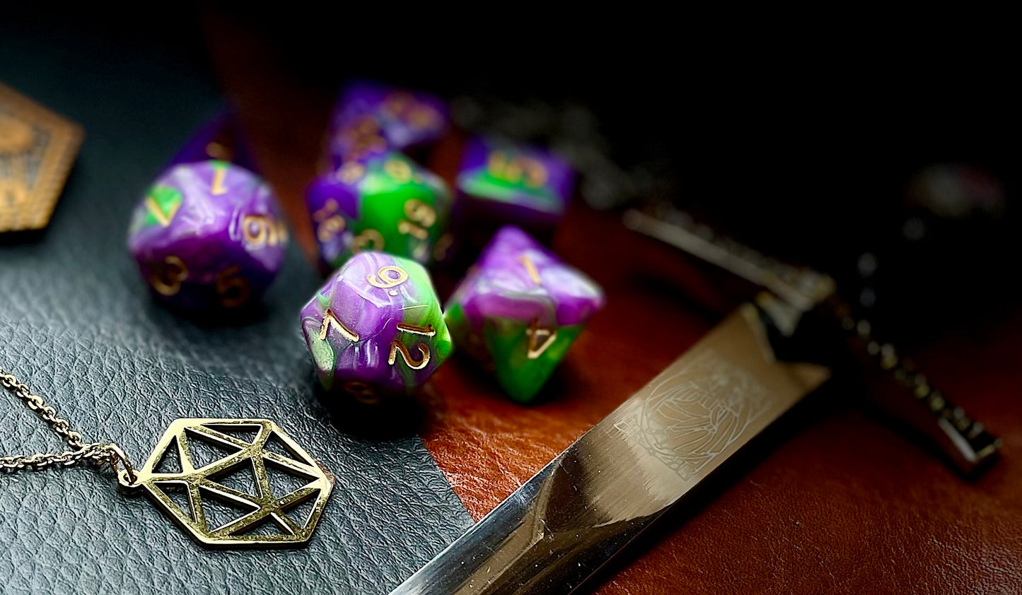 Elemental Light Purple and Green Polyhedral Dice Set