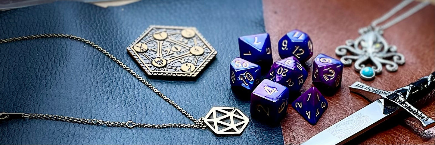 Elemental purple and blue resin polyhedral dice set. Harness the power of the air and water elemental spirits with these fantastic resin dice. Combining blue and copper swirls, each dice has its own unique pattern.