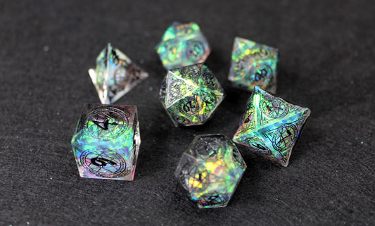 Sacred Runes Clear Glitter Sharp Edge Dice Set
Polished luxury sharp edge dice set
Roll in style with these polyhedral dice sets perfect for Tabletop games and RPG's such as pathfinder or dungeons and dragons.
This set includes one of each D20, D12, D10, D%, D8, D6, D4.
Available both with or without a PU leather dice storage box.