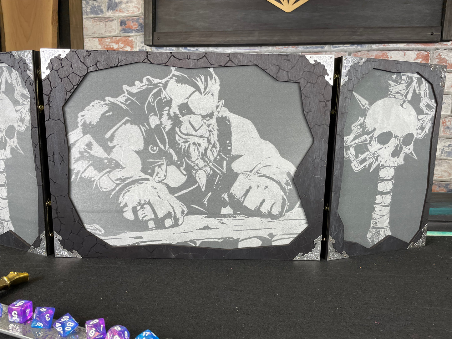 Orc Scholar Dungeon Master Screen is a must-have for any tabletop gaming enthusiast. Crafted from high-quality wood and engraved with intricate designs, this screen is both sturdy and visually stunning. Ideal for tabletop gaming, Dungeons and Dragons, Pathfinder and many other TTRPG's