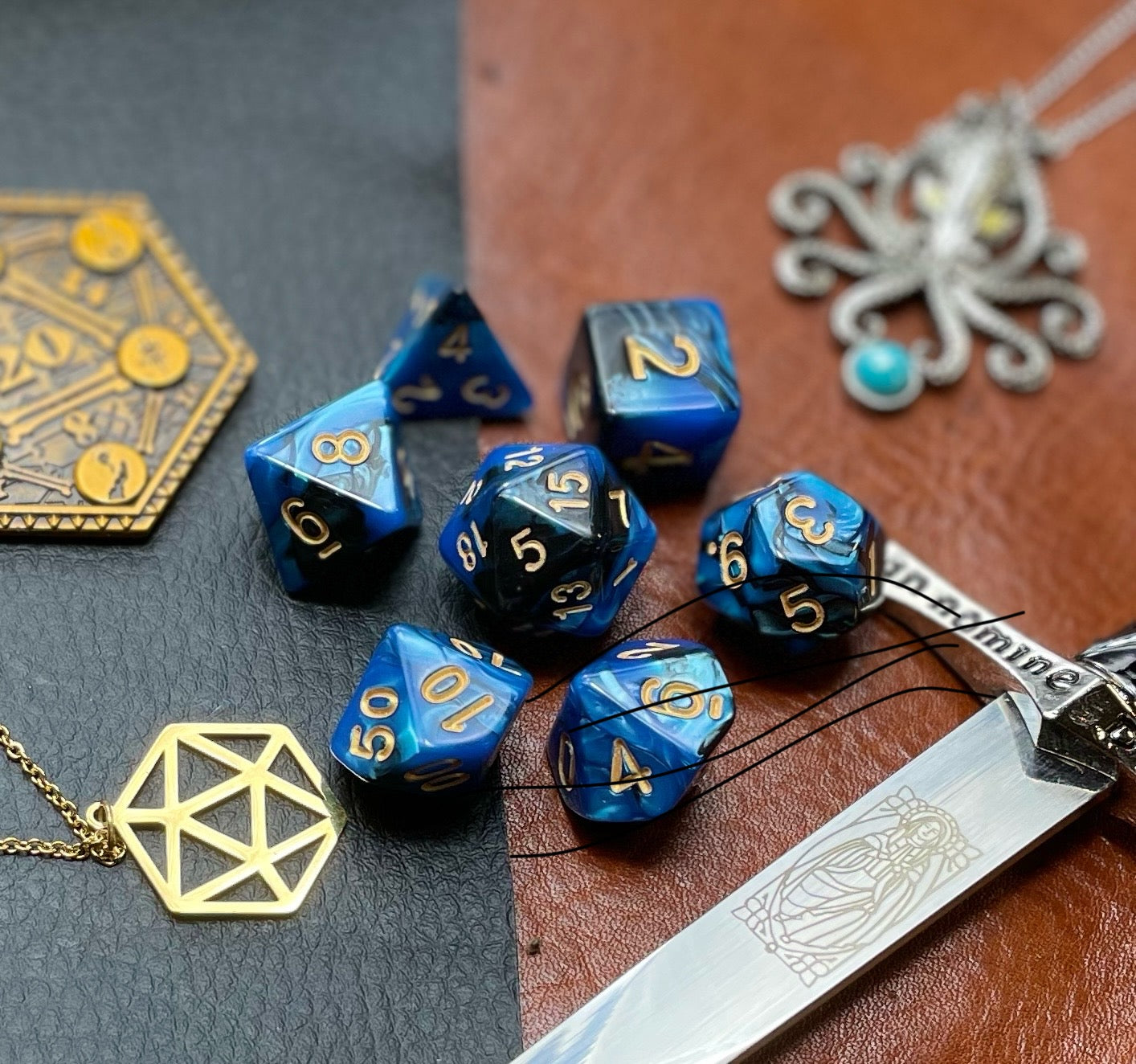 Elemental blue and copper resin polyhedral dice set. Harness the power of the water and earth elemental spirits with these fantastic resin dice. Combining blue and copper swirls, each dice has its own unique pattern. They are standard 16mm polyhedral dice sets perfect for Tabletop games and RPG's such as pathfinder or dungeons and dragons.