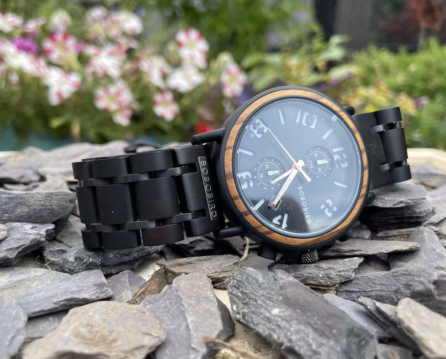 Stencil Style Face With Black Wood & Metal Interlocking Strap Self Winding Wooden Eco Watch