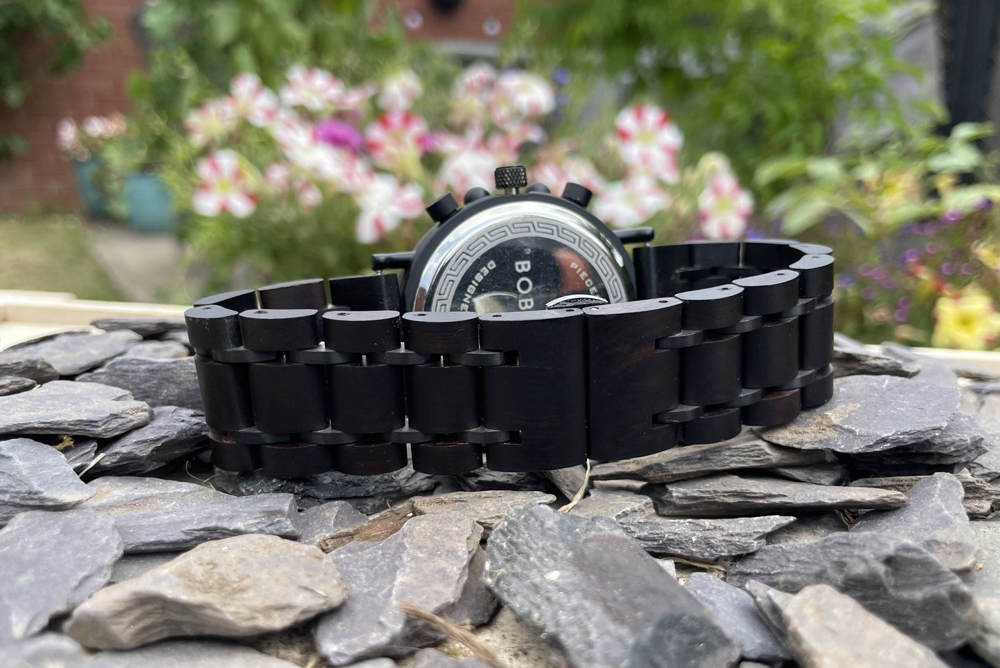 Stencil Style Face With Black Wood & Metal Interlocking Strap Self Winding Wooden Eco Watch