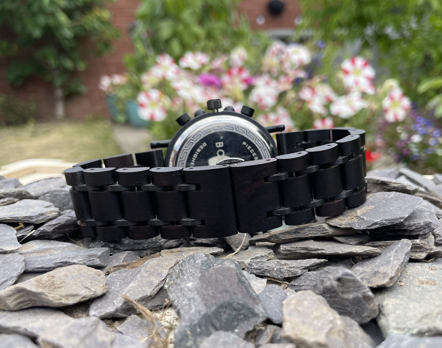 Stencil Style Face With Black Wood & Metal Interlocking Strap Self Winding Wooden Eco Watch
