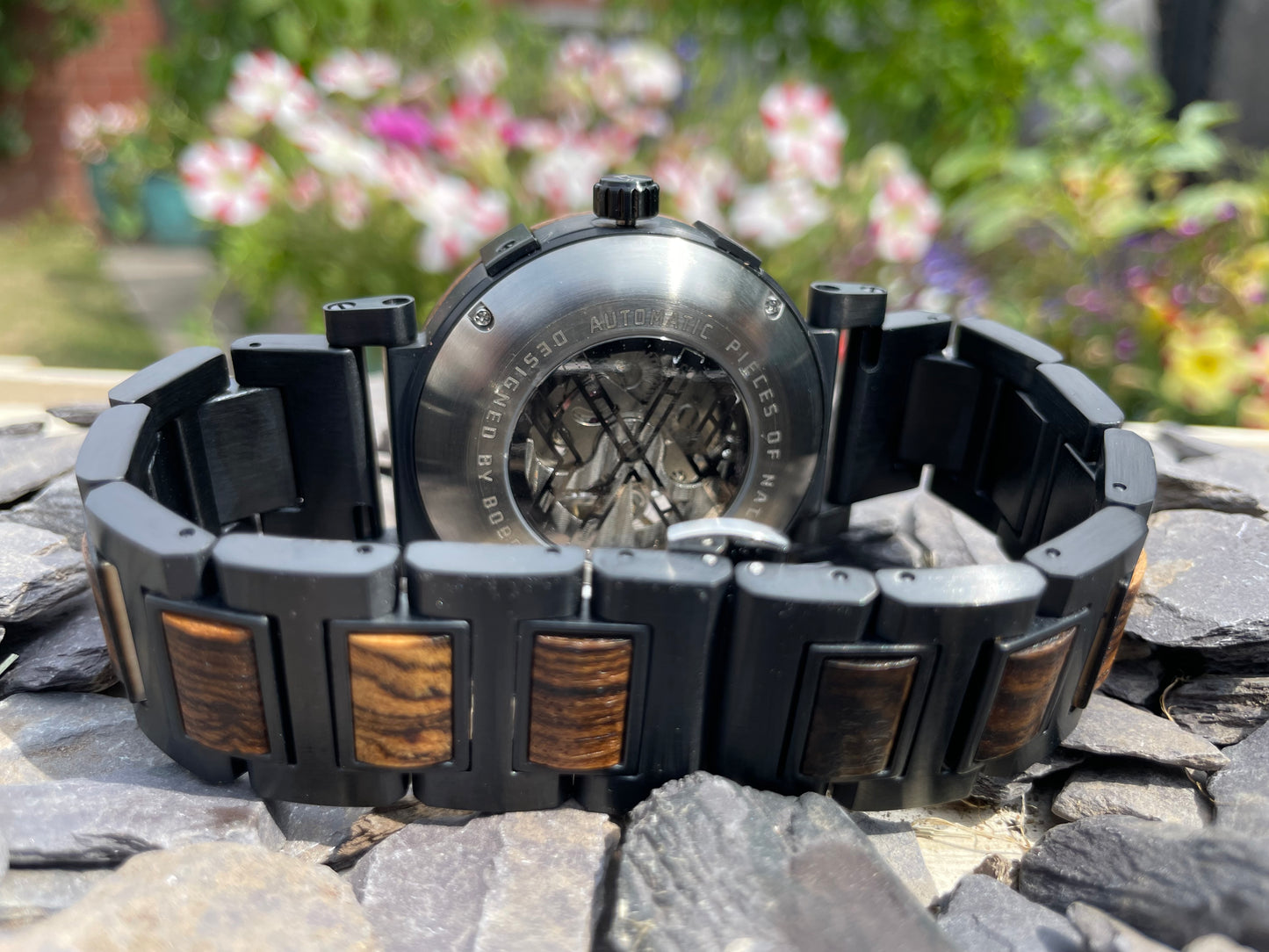 Metal Cog Face Wood & Metal Interlocking Strap Self Winding Luxury Wooden Eco Watch
