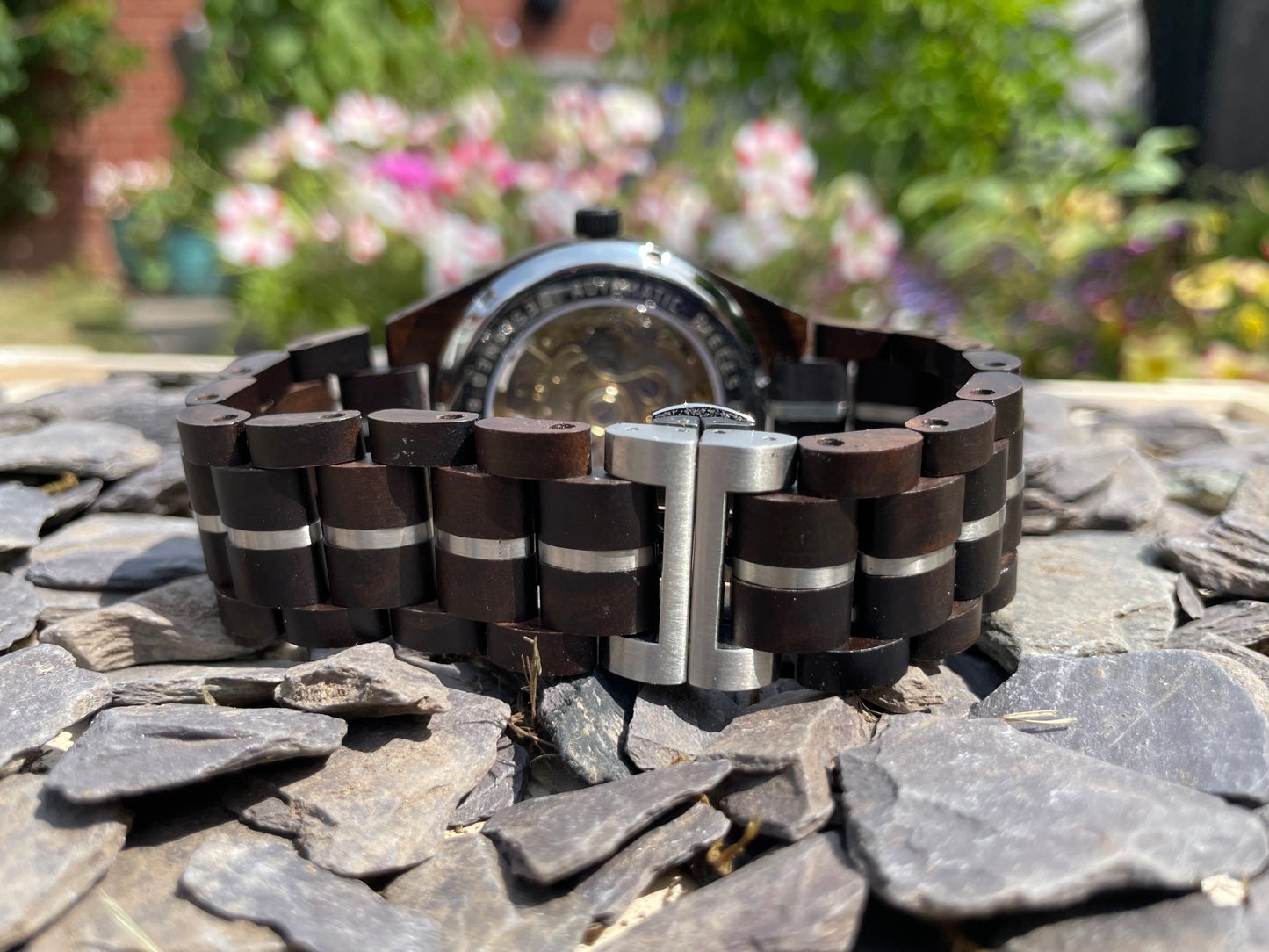 Black Wood & Blue Cog Style Interlocking Strap Self Winding Wooden Eco Watch