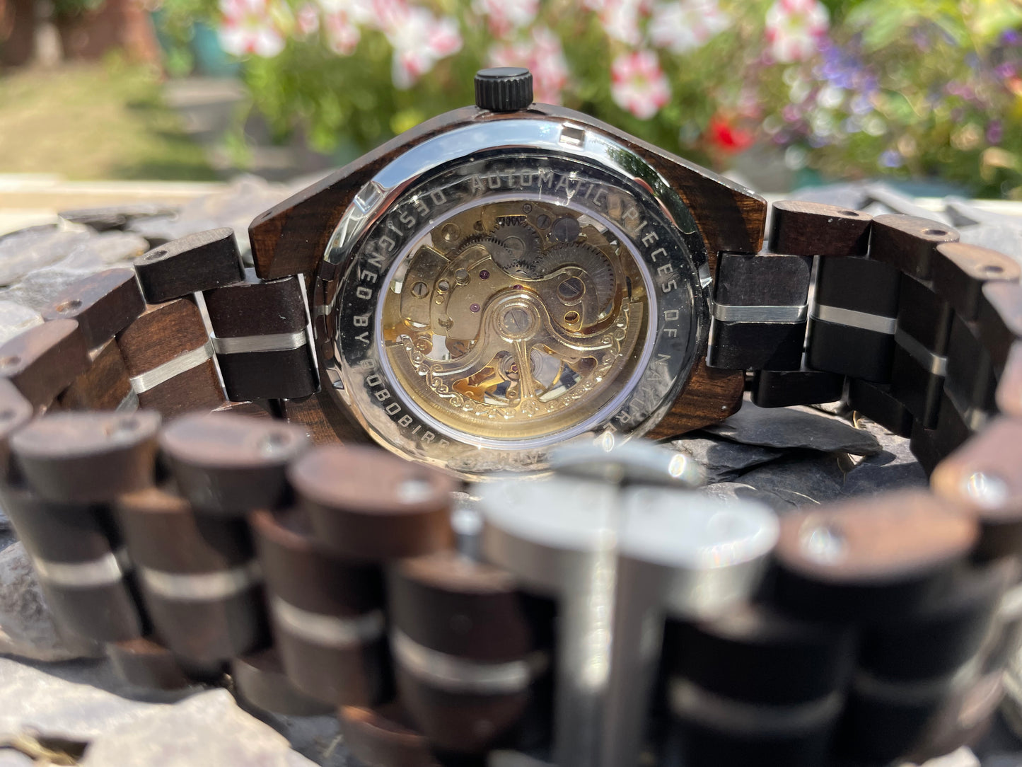 Black Wood & Blue Cog Style Interlocking Strap Self Winding Wooden Eco Watch
