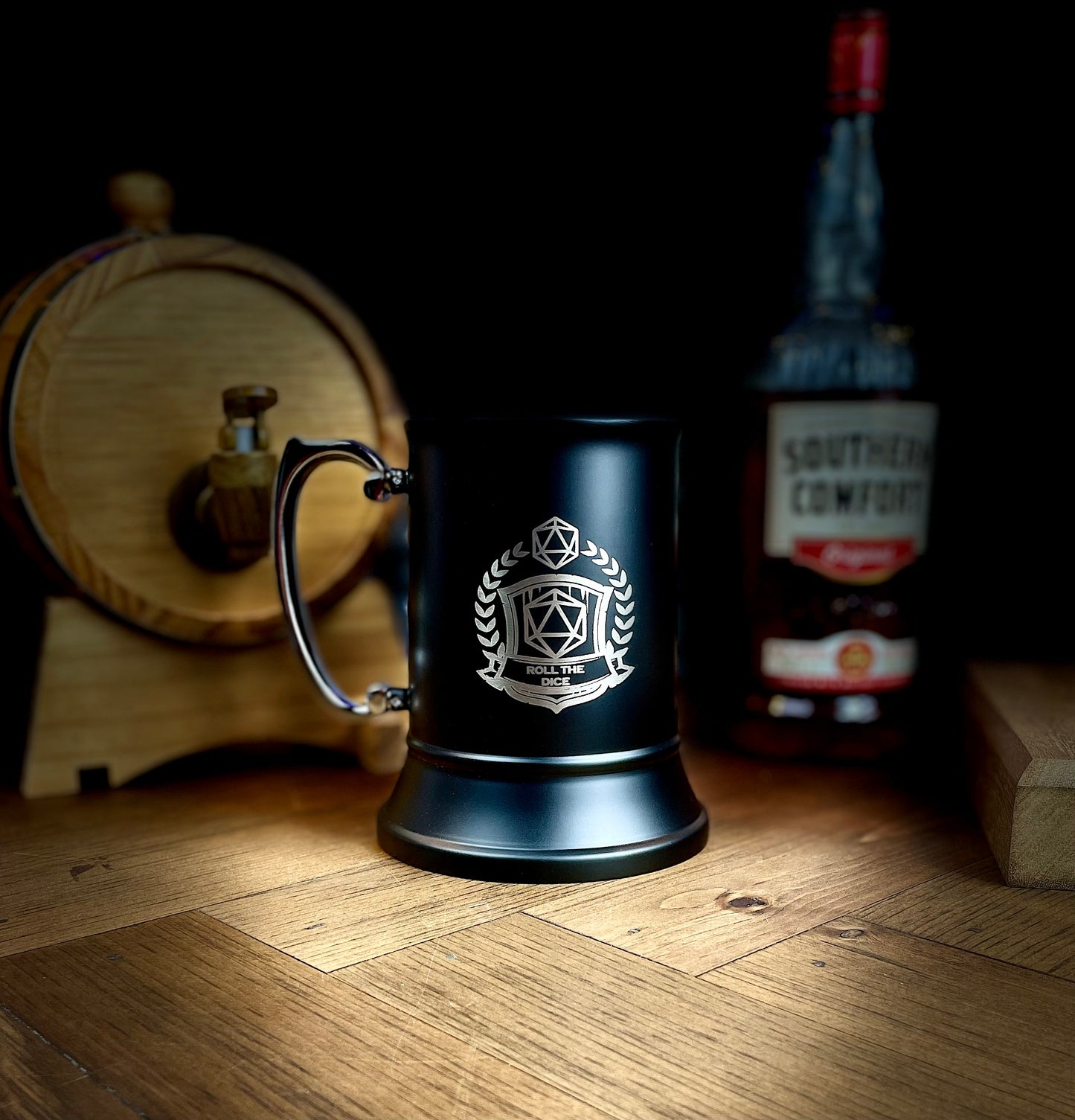 Engraved stainless steel drinking tankard with personalised coat of arms. Black enameled tankard engraved with your choice of 16 design options (See images for options) Standing 13cm tall and holding 500ml, you'll stay refreshed during even the most tense combat!