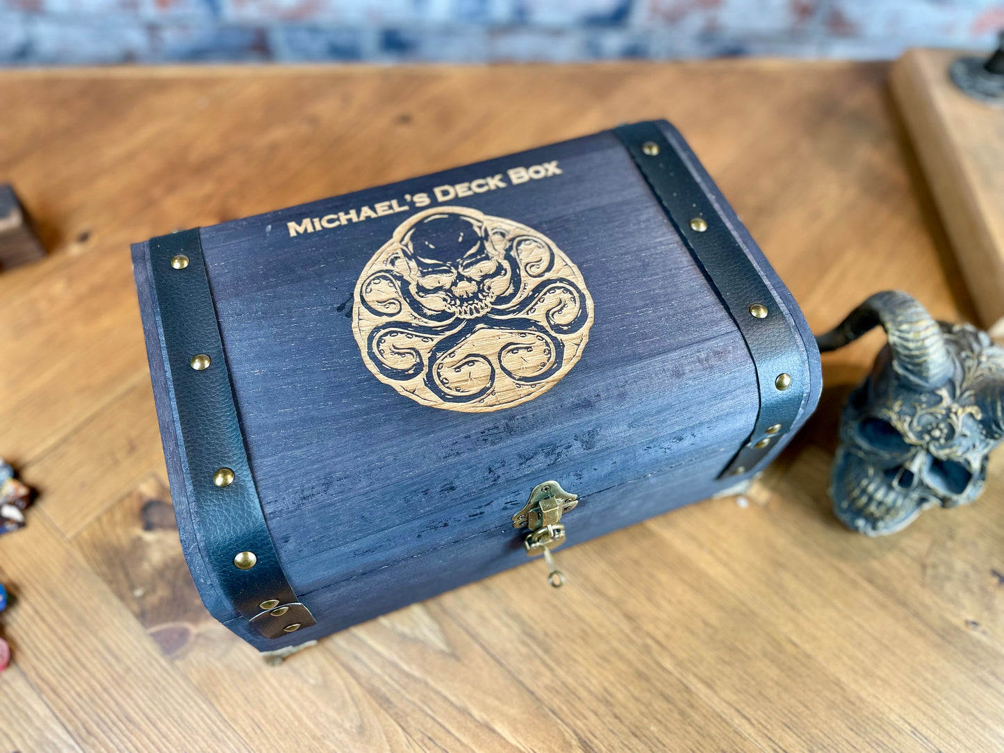 Wooden Personalised Deck Box For All Kinds Of Trading Cards And Accessories Each box is split into two trays which can hold over 1200 2.5x3.5" trading cards or 900 sleeved cards. Perfect for Magic The Gathering, Pokemon, Dungeons and Dragons, Keyforge or any other trading card name.