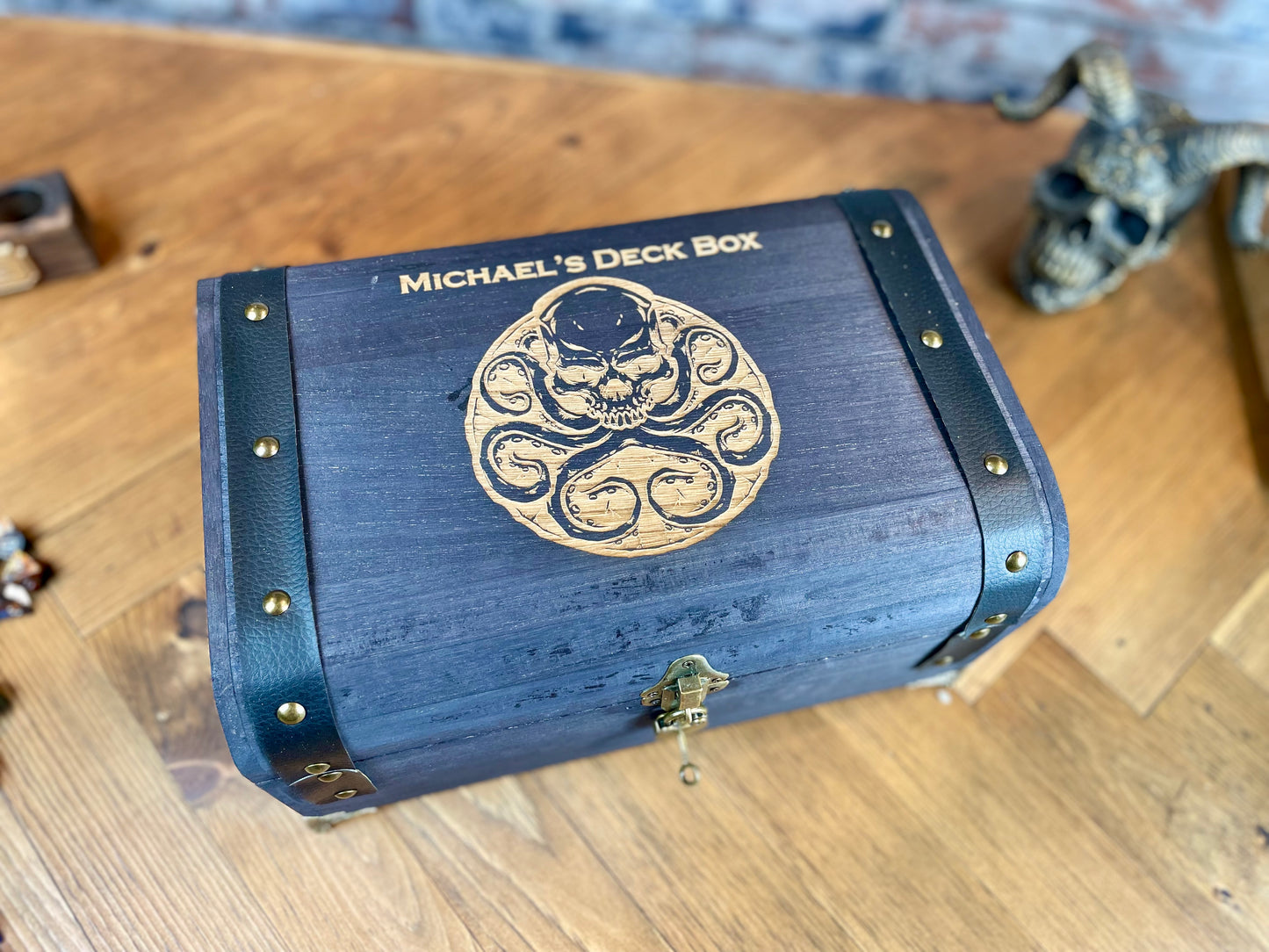 Wooden Personalised Deck Box For All Kinds Of Trading Cards And Accessories Each box is split into two trays which can hold over 1200 2.5x3.5" trading cards or 900 sleeved cards. Perfect for Magic The Gathering, Pokemon, Dungeons and Dragons, Keyforge or any other trading card name.