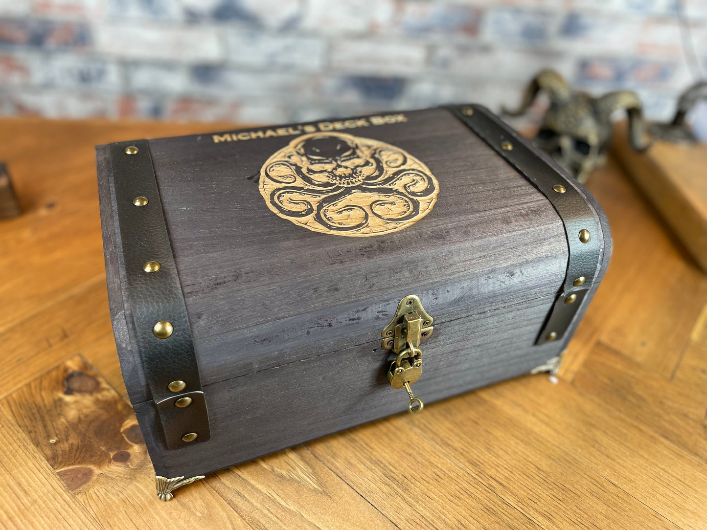 Wooden Personalised Deck Box For All Kinds Of Trading Cards And Accessories Each box is split into two trays which can hold over 1200 2.5x3.5" trading cards or 900 sleeved cards. Perfect for Magic The Gathering, Pokemon, Dungeons and Dragons, Keyforge or any other trading card name.