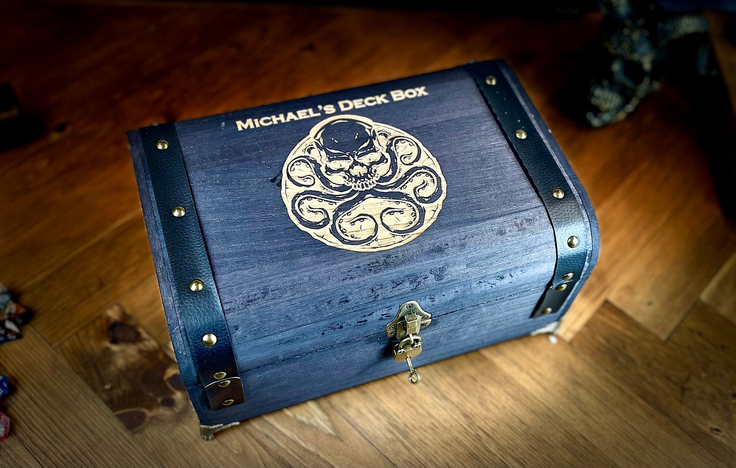 Wooden Personalised Deck Box For All Kinds Of Trading Cards And Accessories Each box is split into two trays which can hold over 1200 2.5x3.5" trading cards or 900 sleeved cards. Perfect for Magic The Gathering, Pokemon, Dungeons and Dragons, Keyforge or any other trading card name.