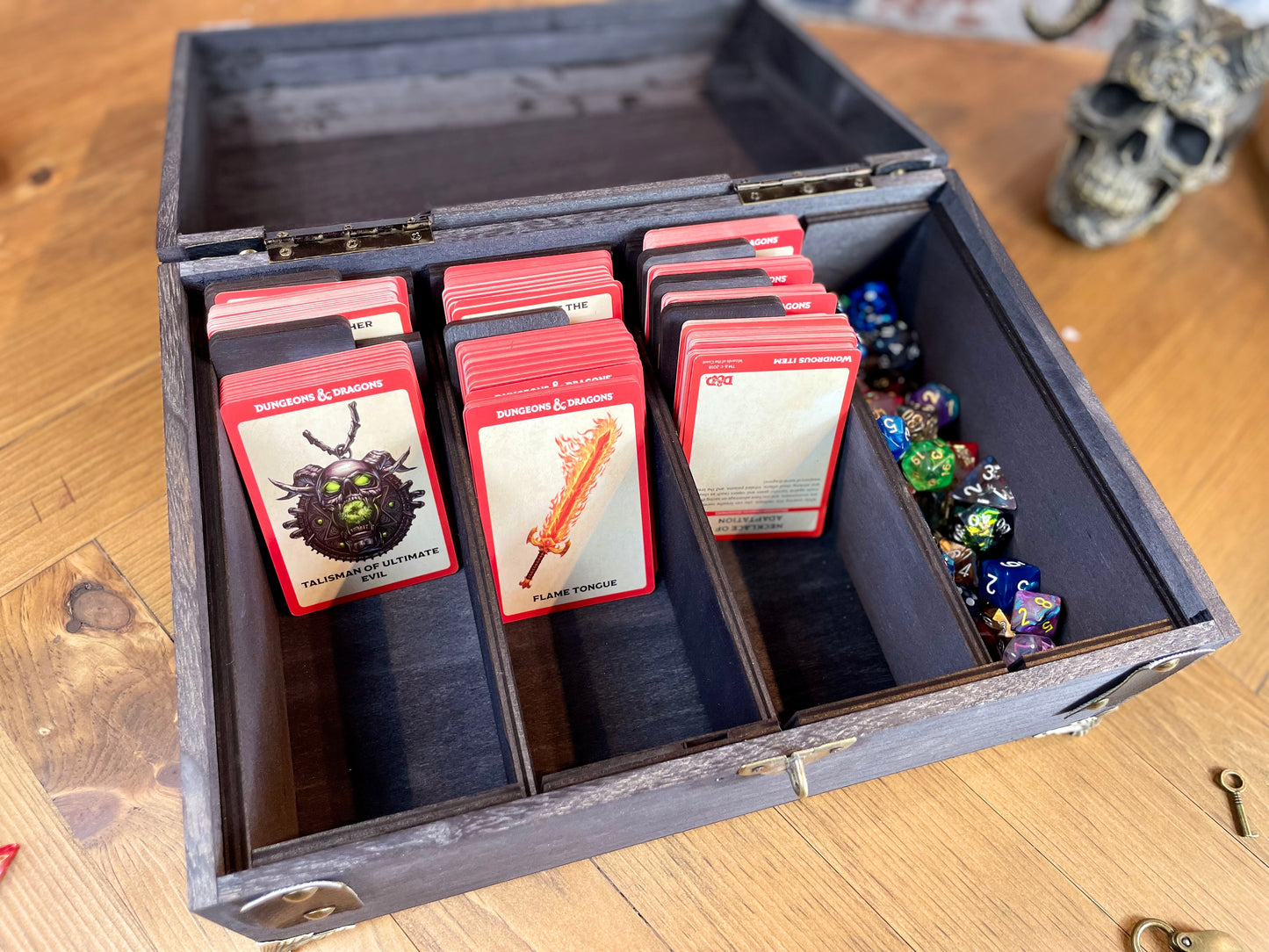 Wooden Personalised Deck Box For All Kinds Of Trading Cards And Accessories Each box is split into two trays which can hold over 1200 2.5x3.5" trading cards or 900 sleeved cards. Perfect for Magic The Gathering, Pokemon, Dungeons and Dragons, Keyforge or any other trading card name.