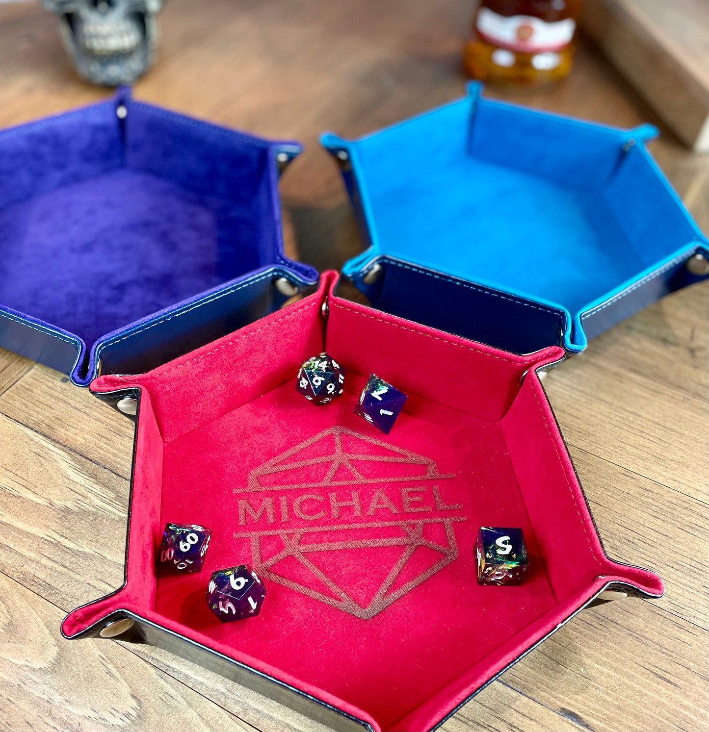 Personalised Hexagon Dice Tray Stud fixing lay flat dice rolling tray. With a PU leather outside and a velour inside in a choice of 3 vibrant colours; these trays are easy to transport and store while looking great. 