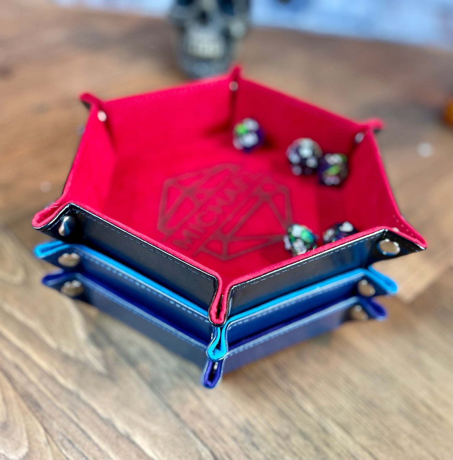 Personalised Hexagon Dice Tray Stud fixing lay flat dice rolling tray. With a PU leather outside and a velour inside in a choice of 3 vibrant colours; these trays are easy to transport and store while looking great. 