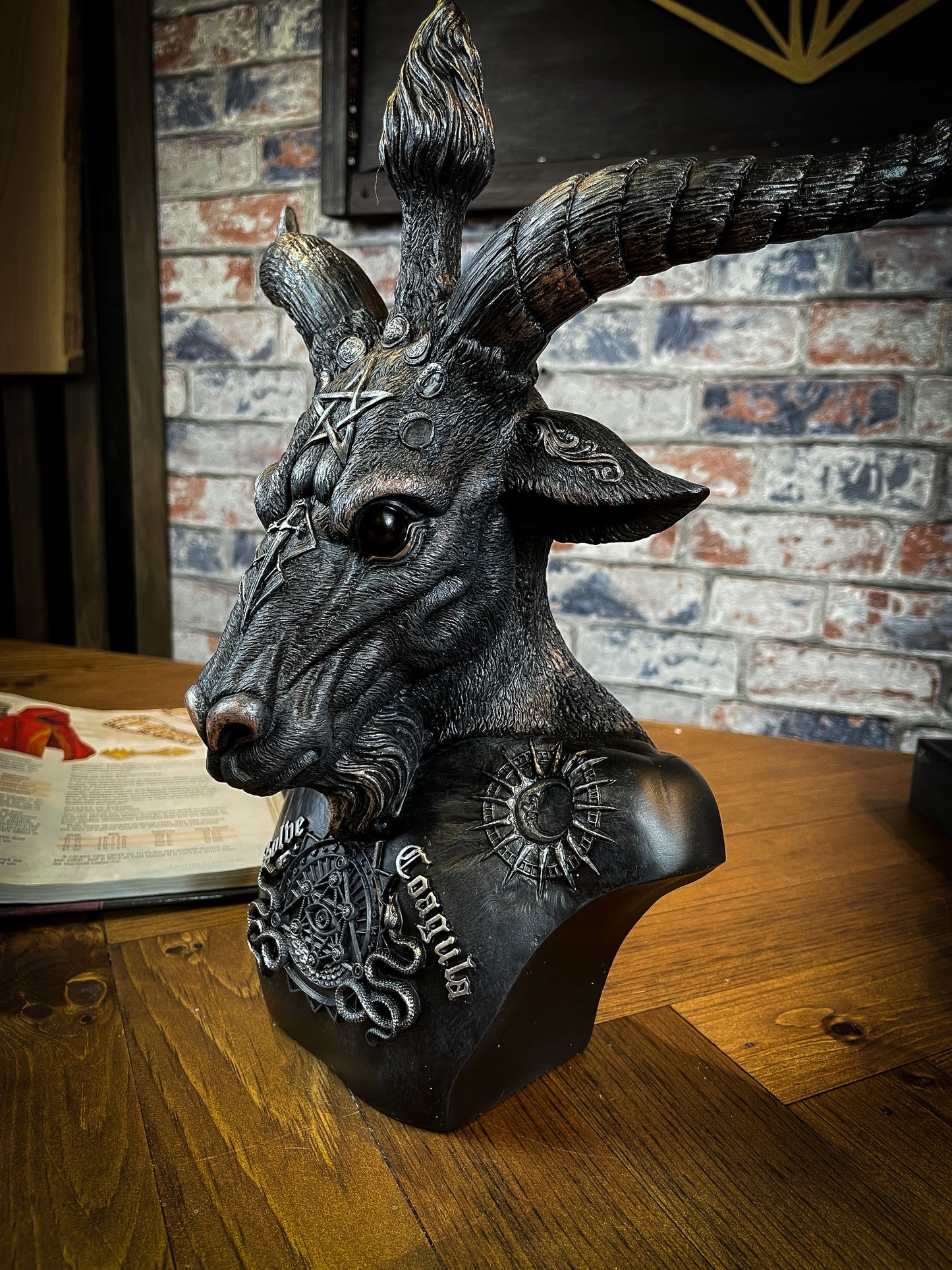 A symbol of the occult, Baphomet is a winged, goat-headed hermaphrodite with a torch between its horns and a pentagram on its forehead. Free UK Delivery with Fandomonium