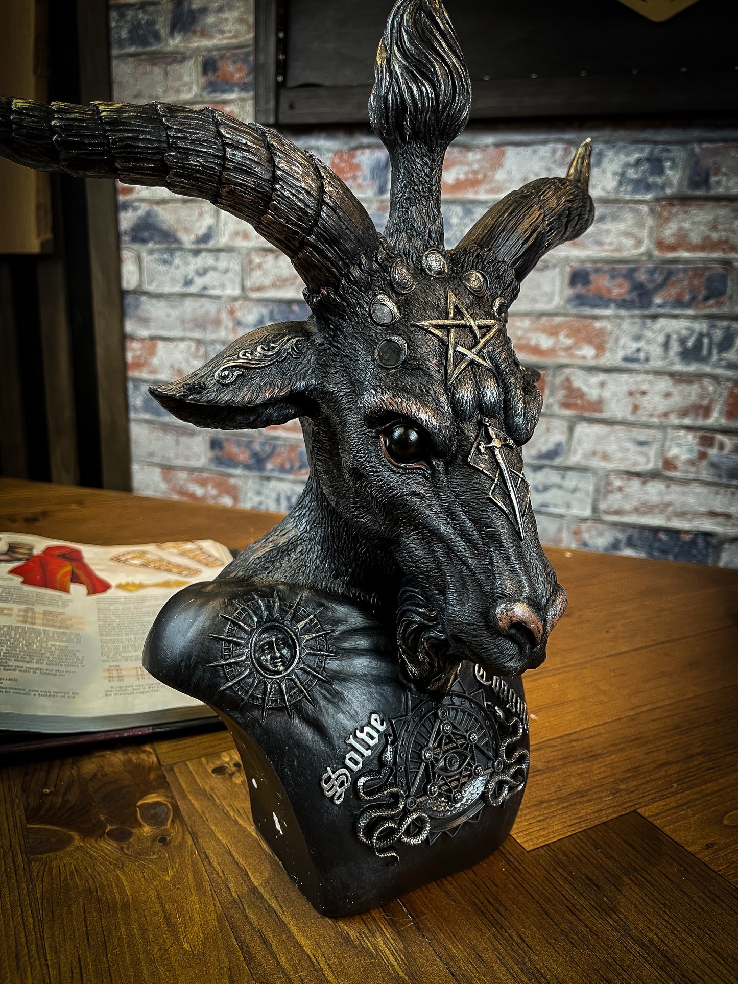 A symbol of the occult, Baphomet is a winged, goat-headed hermaphrodite with a torch between its horns and a pentagram on its forehead. Free UK Delivery with Fandomonium