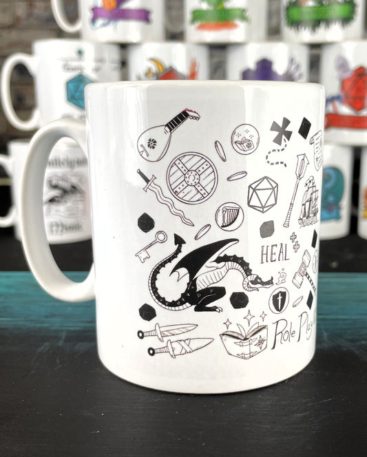The Adventurers Mug
Featuring all of the staples of an adventure printed on one mug. An ideal gift for any D&D fan.