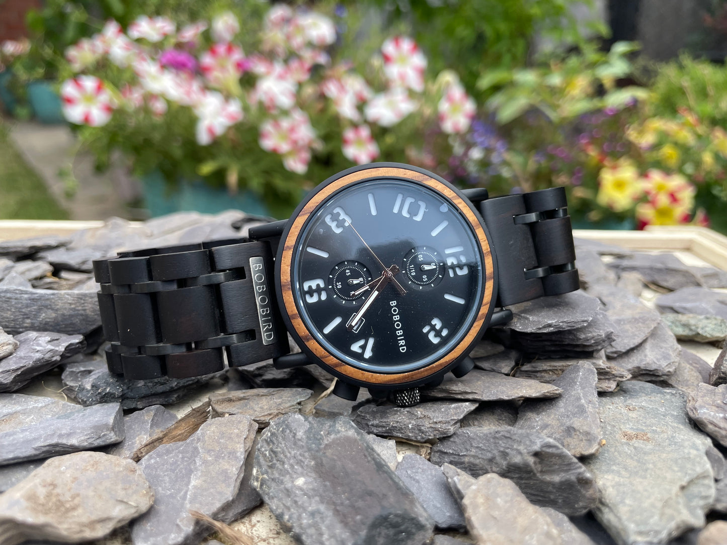 Stencil Style Face With Black Wood & Metal Interlocking Strap Self Winding Wooden Eco Watch
Made from solid wood and black anodised stainless steel; these watches are both comfortable to wear and a unique timepiece.