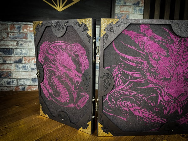 The Dragon's Hoard Dungeon Master Screen is a must-have for any tabletop gaming enthusiast. Crafted from high-quality wood and engraved with intricate designs, this screen is both sturdy and visually stunning. Ideal for tabletop gaming, Dungeons and Dragons, Pathfinder and many other TTRPG's