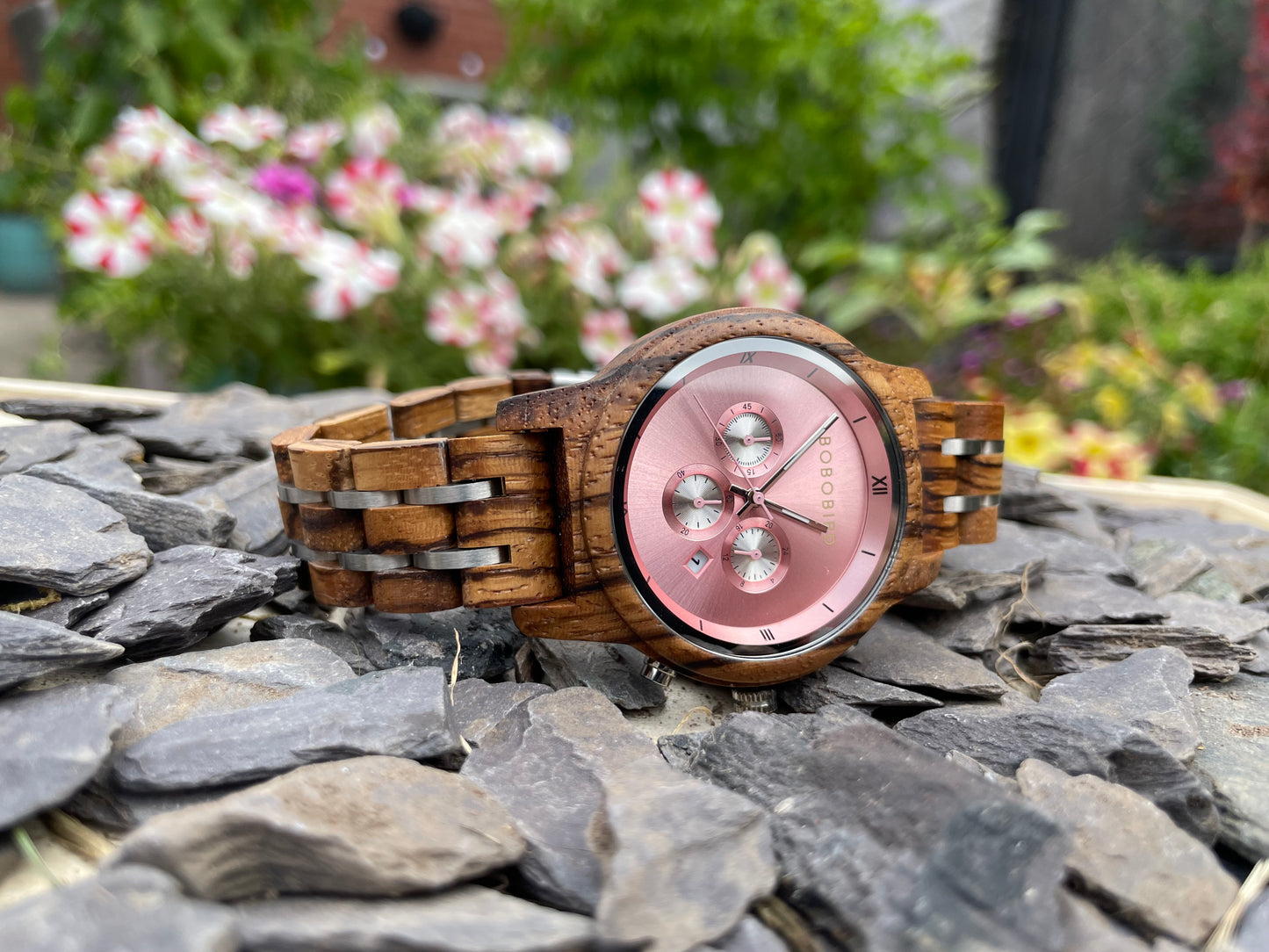 Zebrano & Metal Interlocking Strap Wooden Eco Ladies Watch