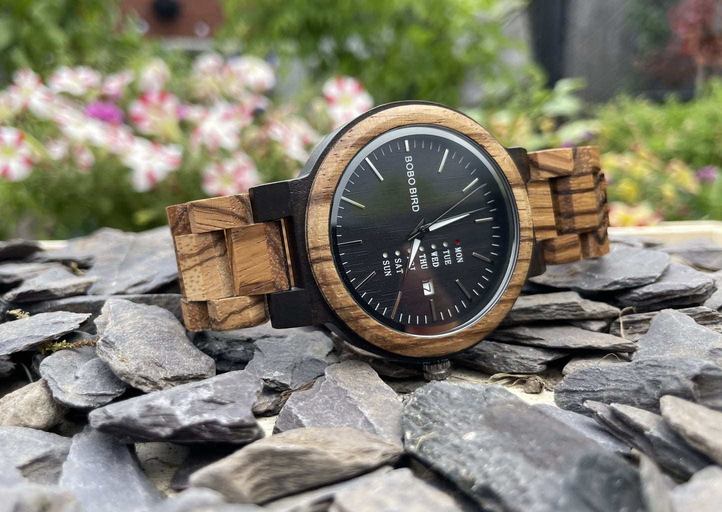 Zebrano Wooden Eco Watch With Day Of The Week Tracker
Made from solid "Zebra" wood; these watches are both comfortable to wear and a unique timepiece.