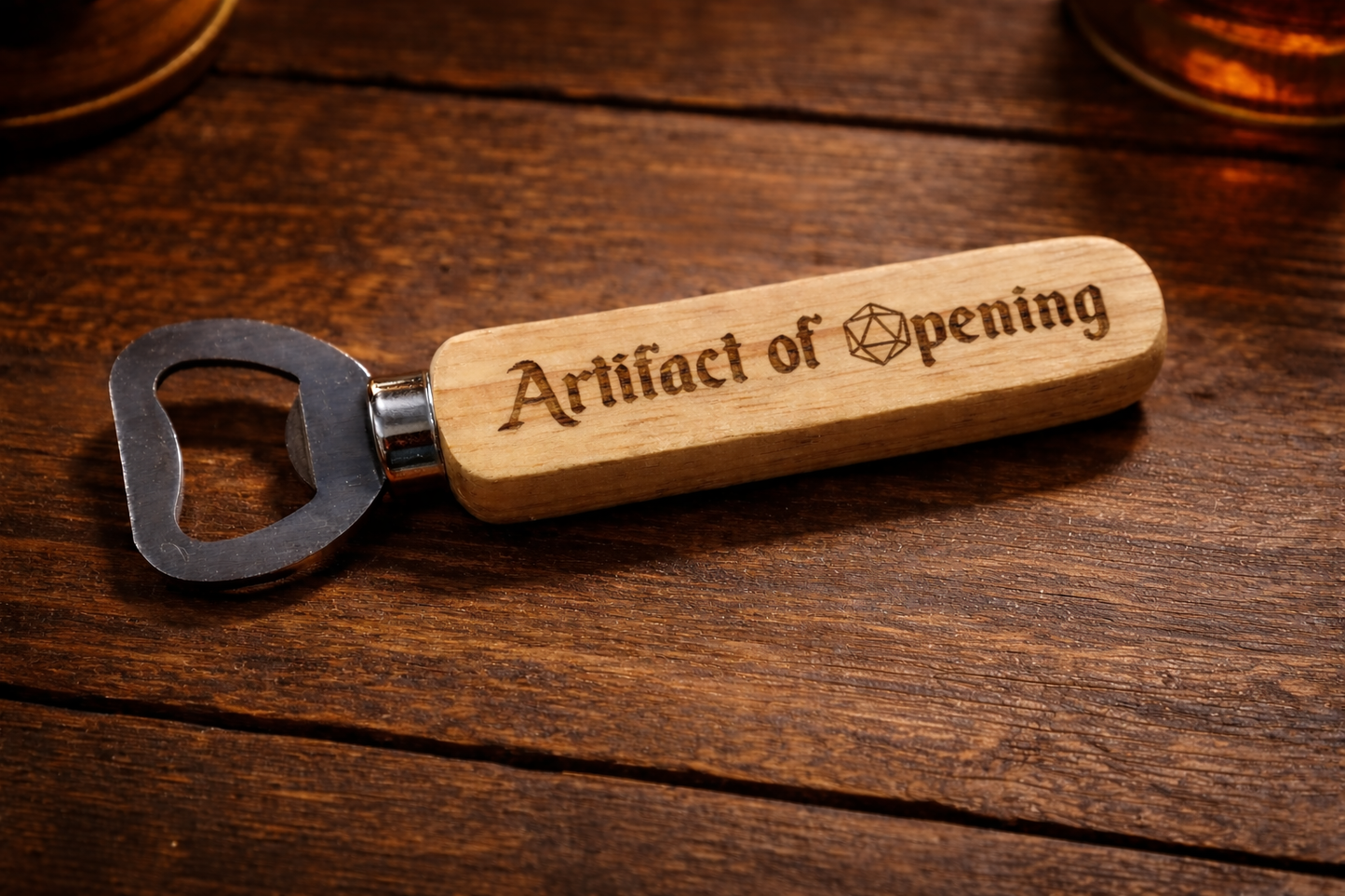 "Artifact or Opening" engraved wooden handled bottle opener.