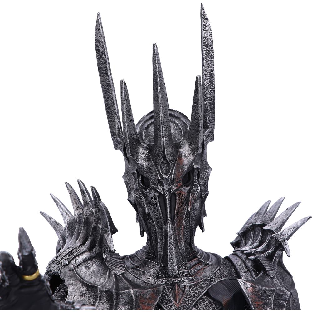 Conquer all those who stand against you with this officially licensed Lord of the Rings Sauron bust. Featuring Sauron himself in his recognisable metallic armour and angular helmet, he stands reaching out with the One Ring placed noticeably on his index finger, adding to the second to none detailing of the bust. This exquisitely designed piece is cast as well as the finest Elvish resin before being expertly hand-painted.