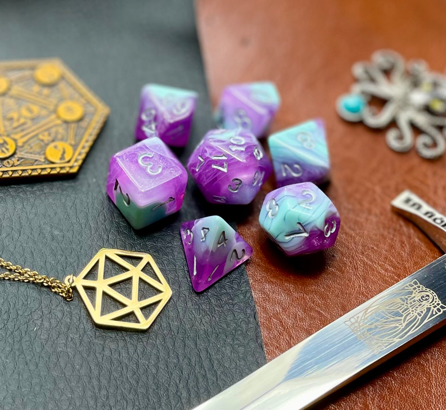 Blueberry Smoothie Polyhedral Dice Set  Almost good enough to eat!  These baby blue and purple swirl resin polyhedral dice sets are a perfect addition to any dice collection.  They are standard 16mm polyhedral dice sets perfect for Tabletop games and RPG's such as pathfinder or dungeons and dragons.  This set includes one of each D20, D12, D10, D%, D8, D6, D4.