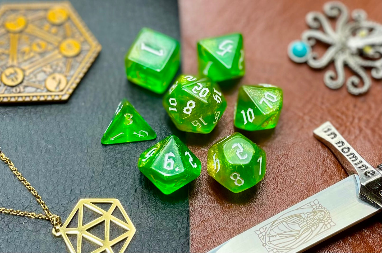 Chaos Fairy Polyhedral Dice Set Roll your sacrifice to the Chaos Fairies with these green and yellow shimmer resin polyhedral dice set. They are standard 16mm polyhedral dice sets perfect for Tabletop games and RPG's such as pathfinder or dungeons and dragons. This set includes one of each D20, D12, D10, D%, D8, D6, D4.