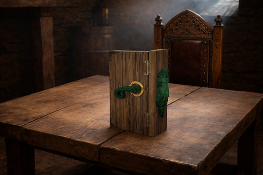 Handmade Cthulhu-themed Dungeon Master screen made from solid wood, standing open on a rustic wooden tavern table. The screen features engraved wood-textured panels, a 3D carved green Cthulhu bust and tentacle handles, antiqued metal hinges, and light wooden outer panels engraved with “Dungeon Master” designs, lit by warm candlelight in a medieval tavern setting.