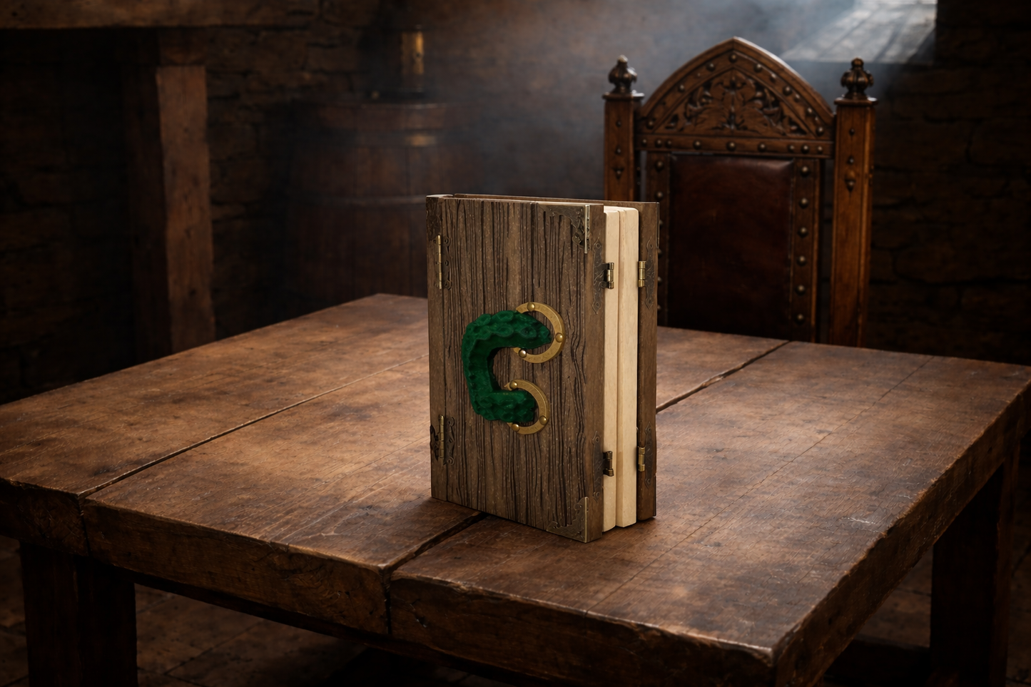 Handmade Cthulhu-themed Dungeon Master screen made from solid wood, standing open on a rustic wooden tavern table. The screen features engraved wood-textured panels, a 3D carved green Cthulhu bust and tentacle handles, antiqued metal hinges, and light wooden outer panels engraved with “Dungeon Master” designs, lit by warm candlelight in a medieval tavern setting.
