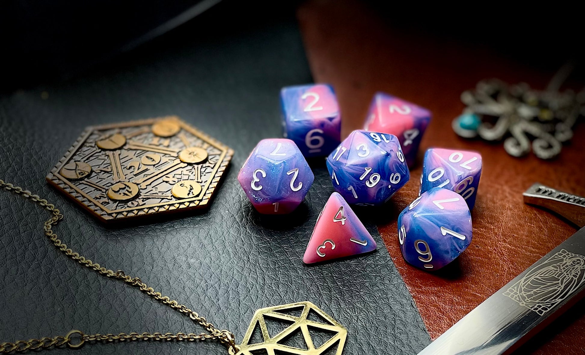 Miami Vice Polyhedral Dice Set  Miami Vice... or should that be dice? These vivid blue and pink swirl resin polyhedral dice sets are a perfect addition to any dice collection.  They are standard 16mm polyhedral dice sets perfect for Tabletop games and RPG's such as pathfinder or dungeons and dragons.  This set includes one of each D20, D12, D10, D%, D8, D6, D4.