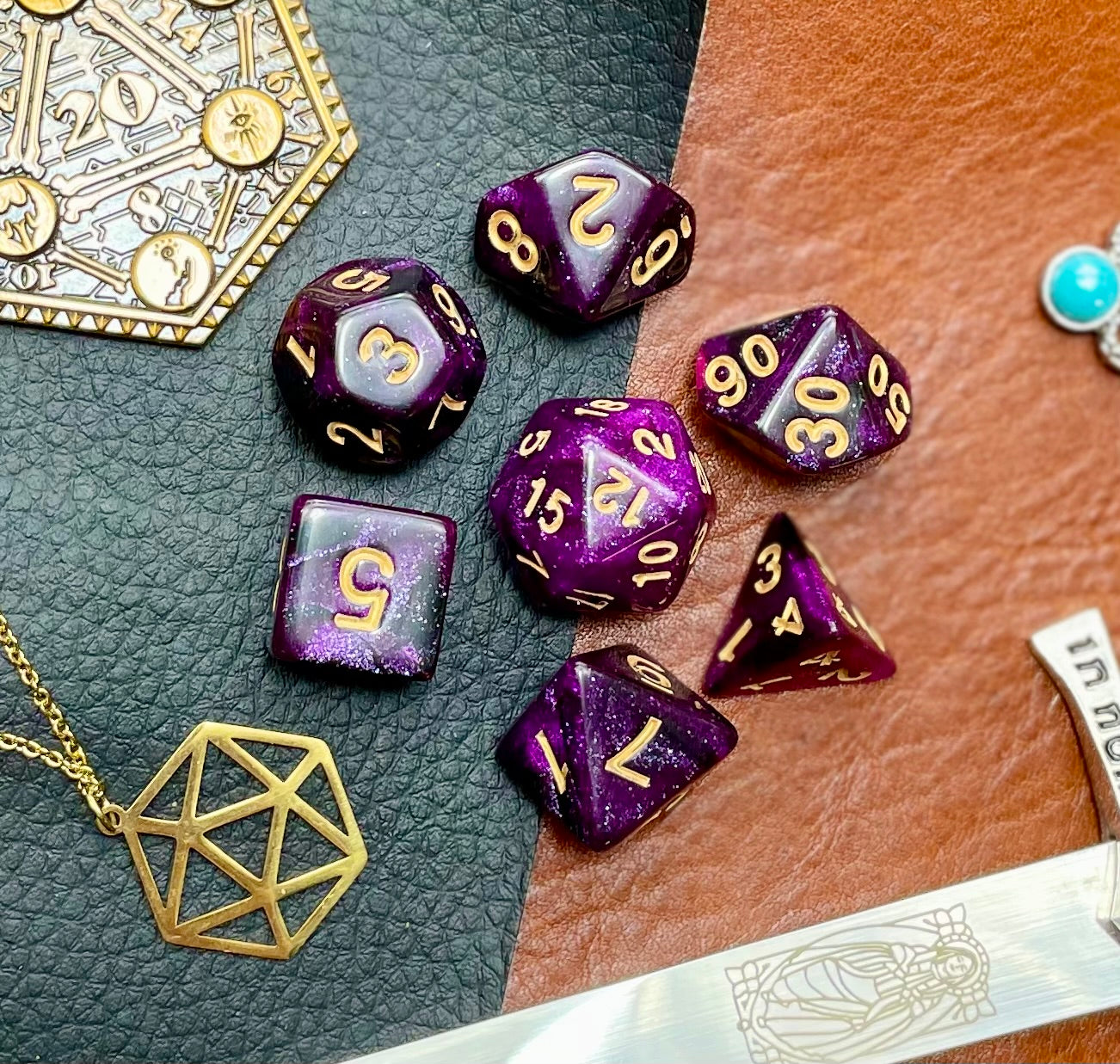 Purple Galaxy Polyhedral Dice Set Travel the galaxy with these purple shimmer resin polyhedral dice sets are a perfect addition to any dice collection. They are standard 16mm polyhedral dice sets perfect for Tabletop games and RPG's such as pathfinder or dungeons and dragons. This set includes one of each D20, D12, D10, D%, D8, D6, D4.