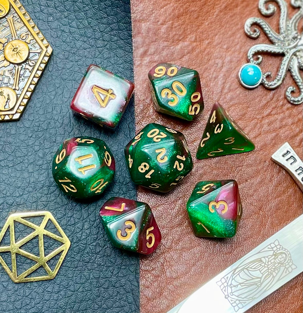 Beyond The Stars Polyhedral Dice Set Traverse the stars with these red and green swirl resin polyhedral dice set. They are standard 16mm polyhedral dice sets perfect for Tabletop games and RPG's such as pathfinder or dungeons and dragons. This set includes one of each D20, D12, D10, D%, D8, D6, D4.
