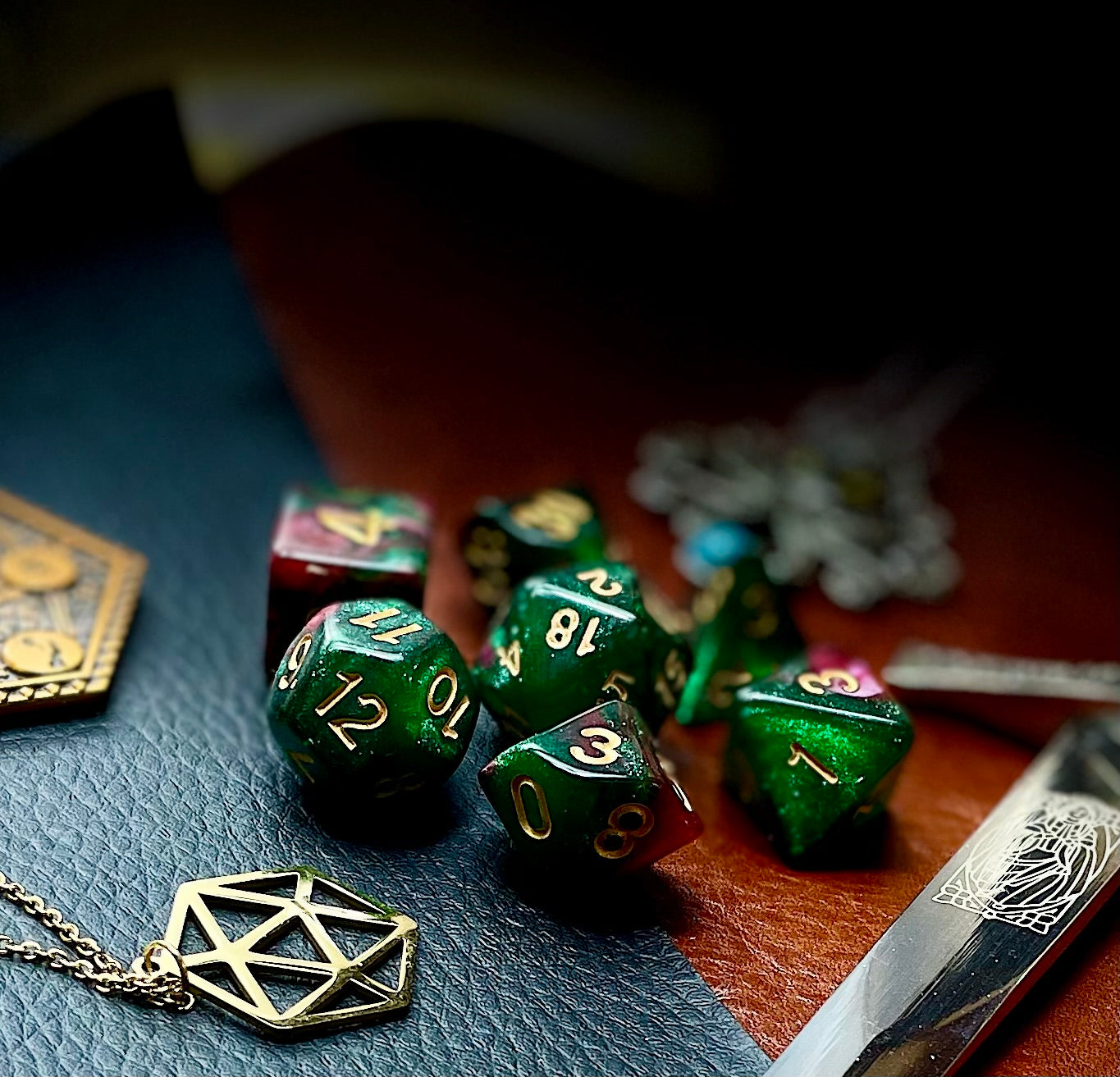 Beyond The Stars Polyhedral Dice Set Traverse the stars with these red and green swirl resin polyhedral dice set. They are standard 16mm polyhedral dice sets perfect for Tabletop games and RPG's such as pathfinder or dungeons and dragons. This set includes one of each D20, D12, D10, D%, D8, D6, D4.