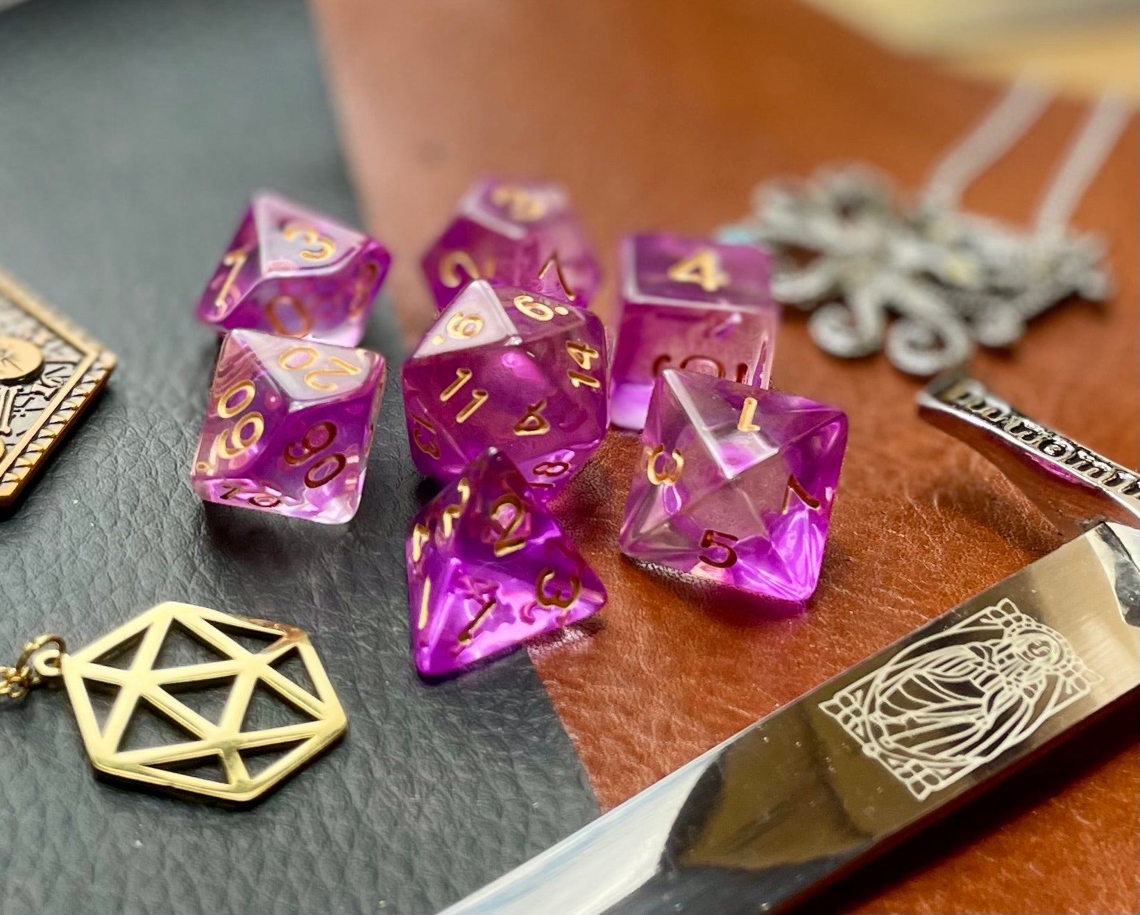 Storm Nebula Polyhedral Dice Set  Enter the storm nebula with these translucent purple and clear swirl resin polyhedral dice sets are a perfect addition to any dice collection.  They are standard 16mm polyhedral dice sets perfect for Tabletop games and RPG's such as pathfinder or dungeons and dragons.  This set includes one of each D20, D12, D10, D%, D8, D6, D4.