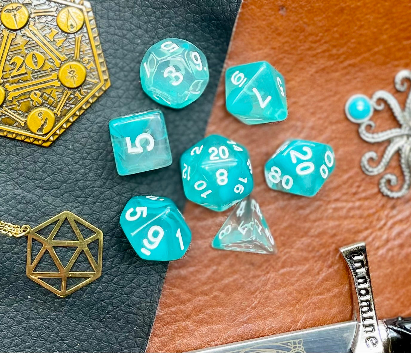 Teal Lake Polyhedral Dice Set Peer into the lake on tranquility with these translucent teal and clear swirl resin polyhedral dice sets are a perfect addition to any dice collection. They are standard 16mm polyhedral dice sets perfect for Tabletop games and RPG's such as pathfinder or dungeons and dragons. This set includes one of each D20, D12, D10, D%, D8, D6, D4.