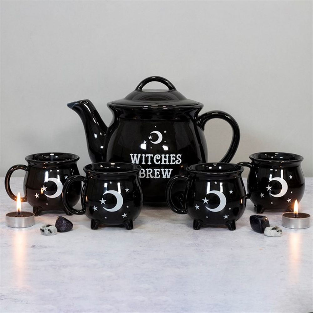 Witches Brew Ceramic Cauldron Tea Set Treat your witches to some afternoon tea with this 'Witches Brew' teapot and 4 cauldron cups. It's sure to cause a commotion at the next coven meeting. An ideal gift for one of your Coven. Free UK delivery by Fandomonium