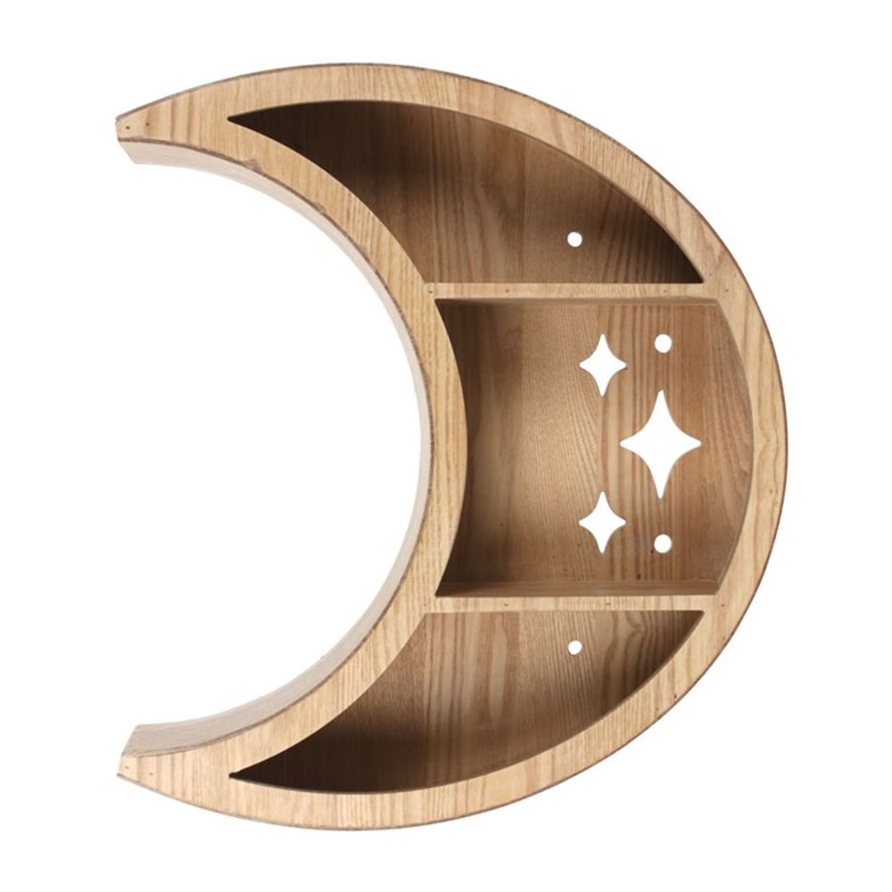 Wooden Crescent Moon Wall Shelf Display crystals, plants, and other small treasures on this stunning crescent moon wall shelf. With cut out sparkle designs, this shelf makes a whimsical addition to any home. MDF with light wood grain effect. Free UK delivery with Fandomonium
